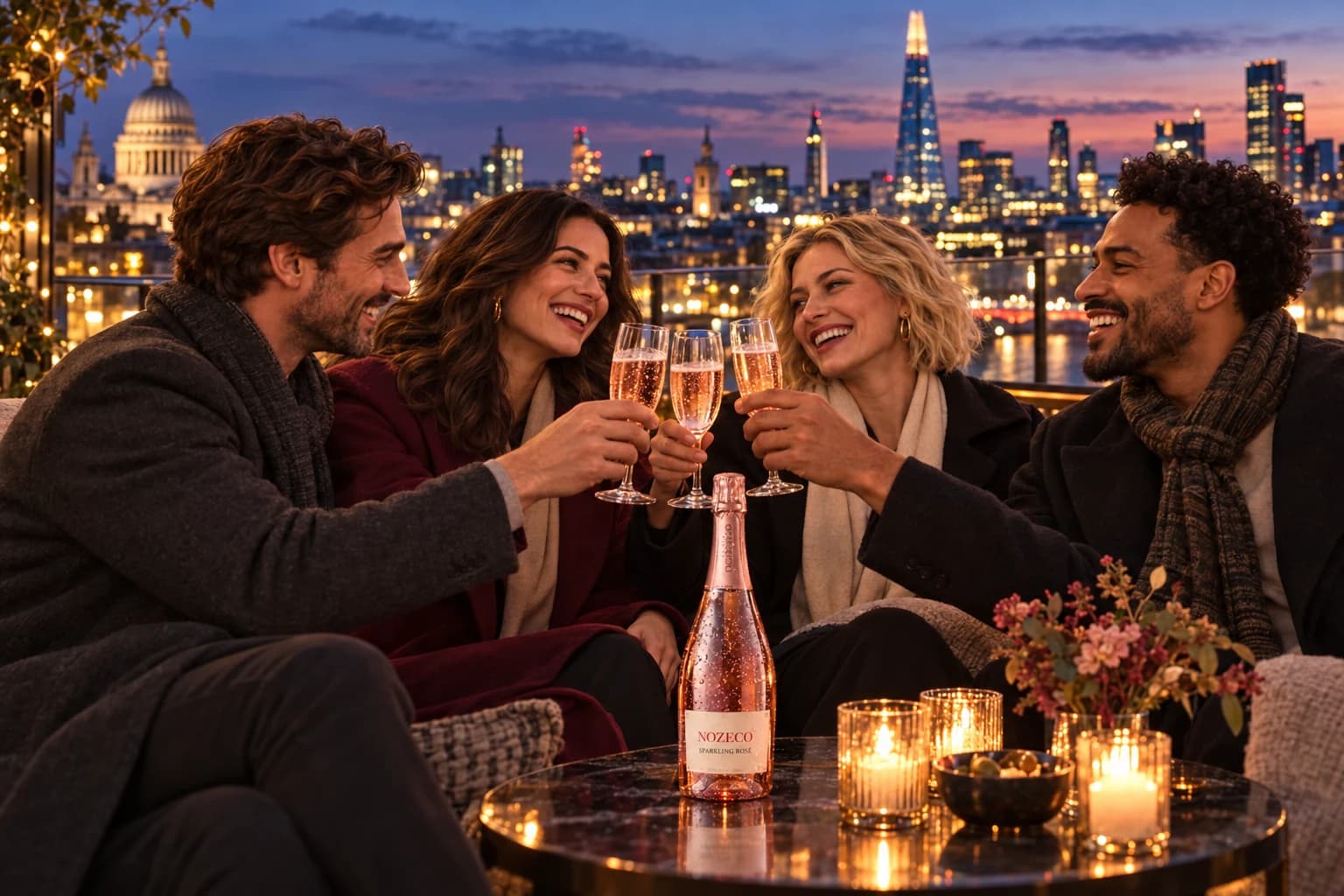 Cinematic concept of friends sharing Nozeco Rosé on a London rooftop as the city lights come on