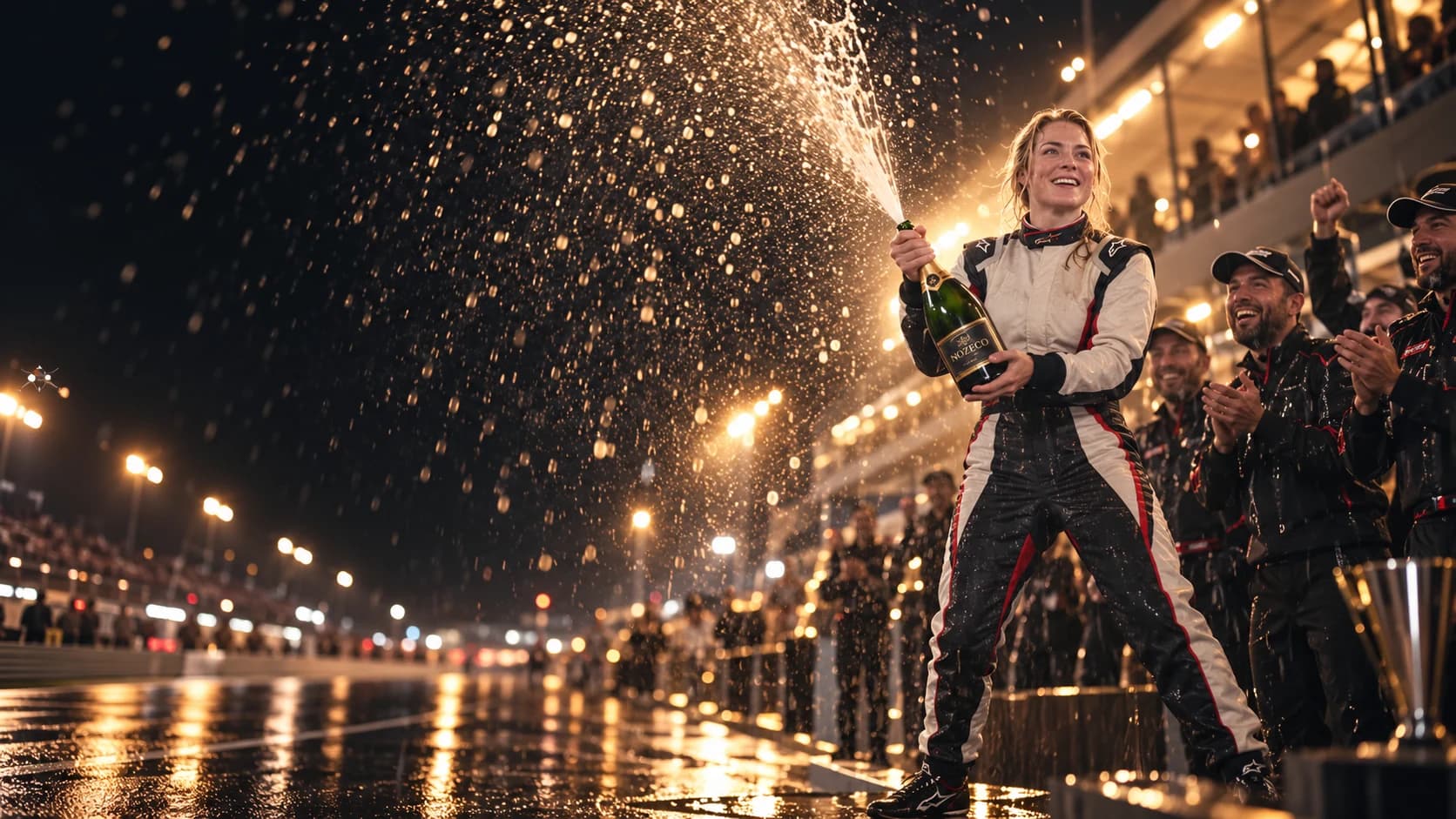 Nozeco campaign concept of a winning racing driver celebrating with her team