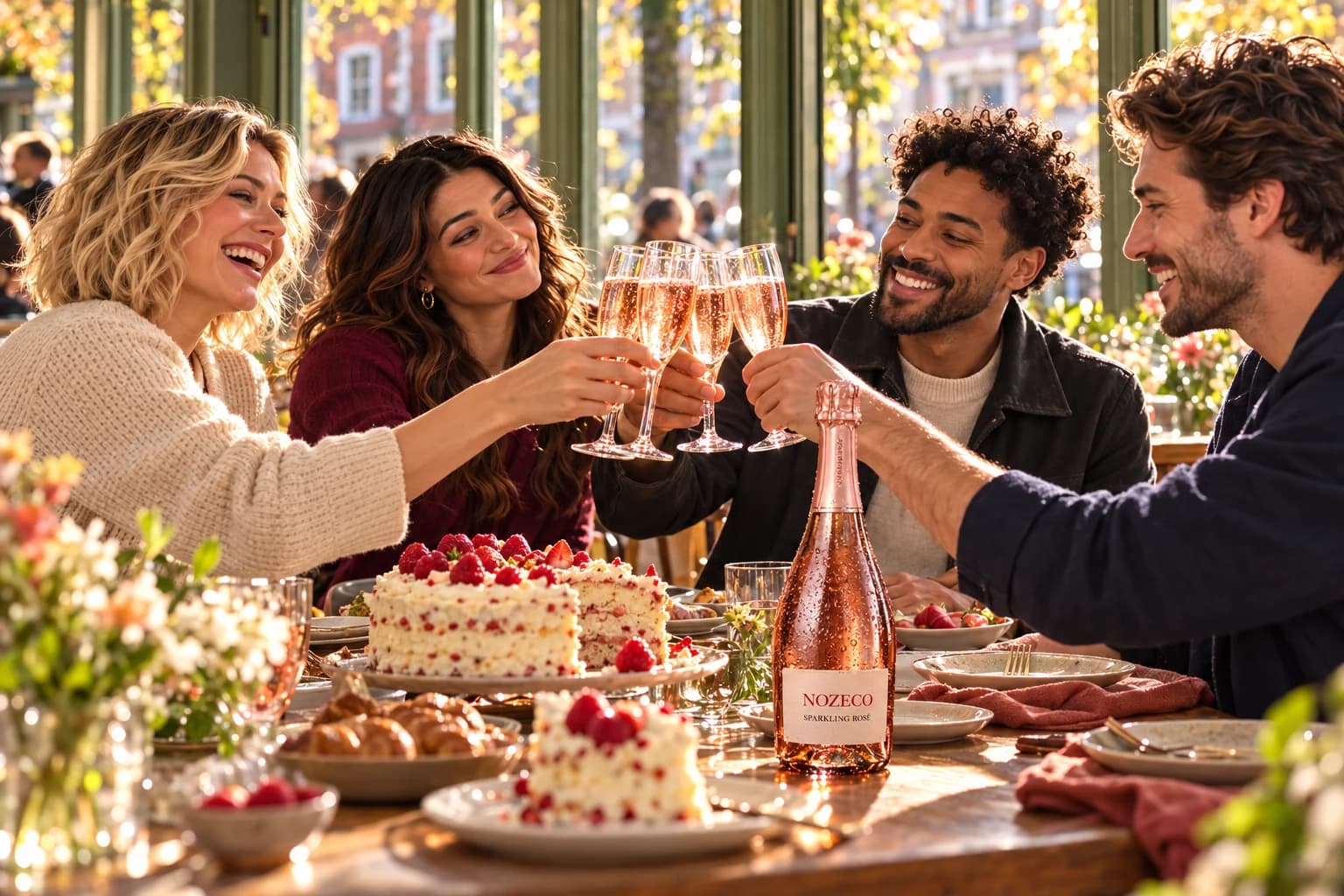 Cinematic concept of friends celebrating with cake and Nozeco Rosé at a sunlit London café
