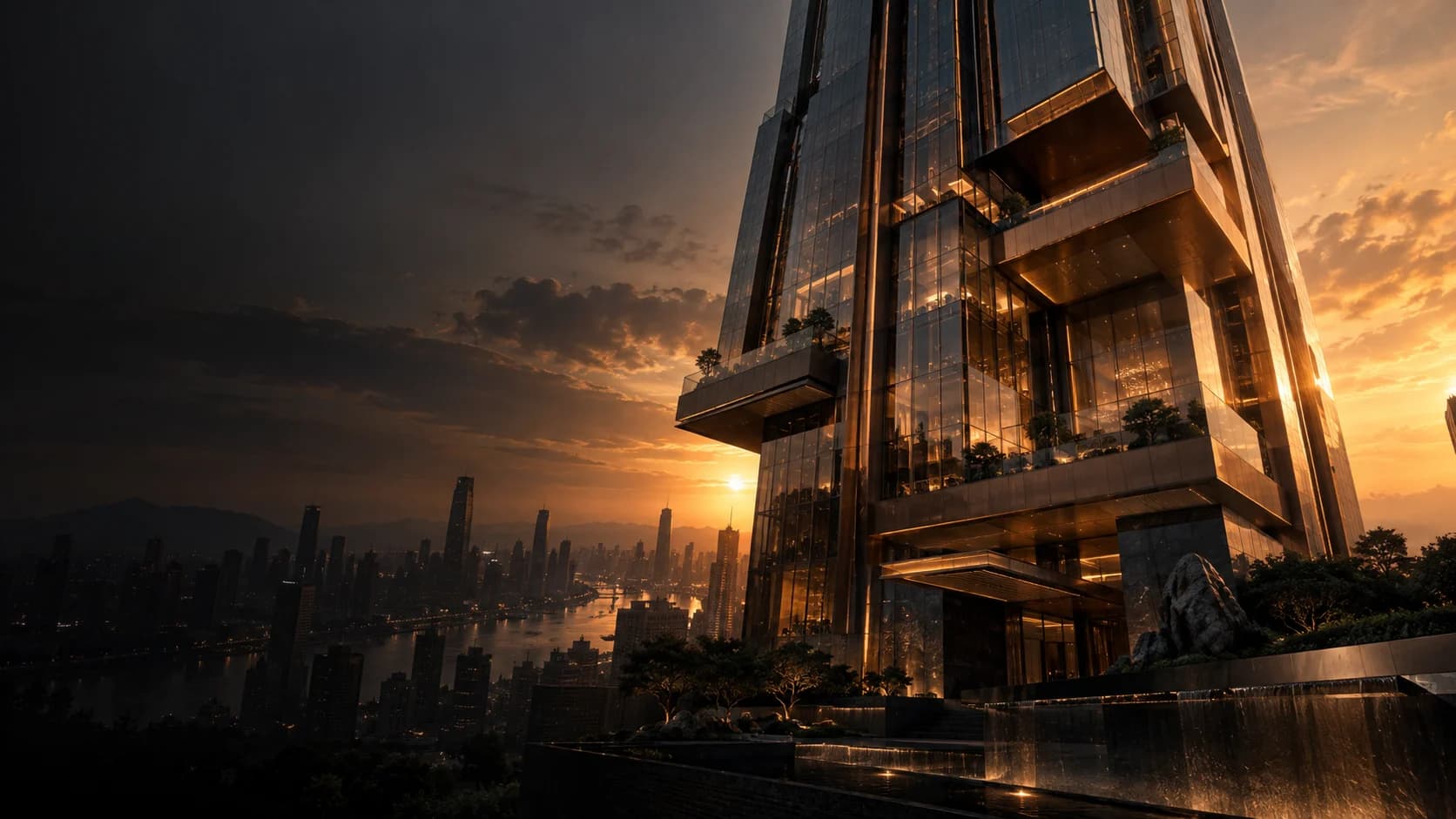 Architectural concept of a bronze and glass residential tower at sunset