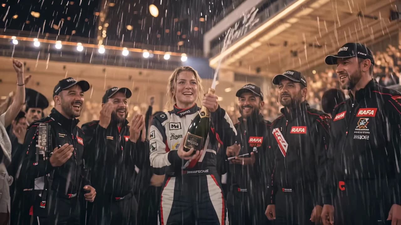 A winning racing driver sprays a Nozeco bottle as her teammates celebrate around her