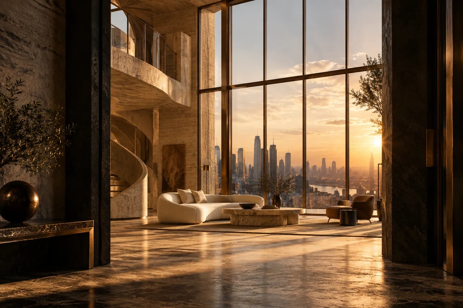 Sunlit penthouse concept with warm stone, sculptural furnishings and city views